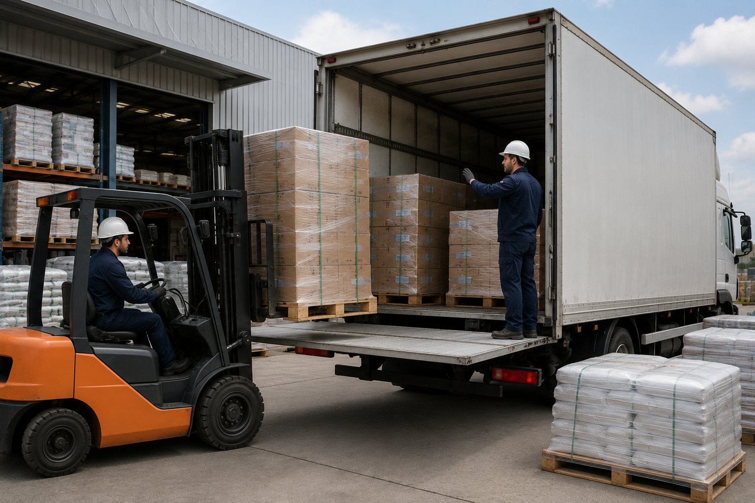operarios cargando camión con materiales para la construcción